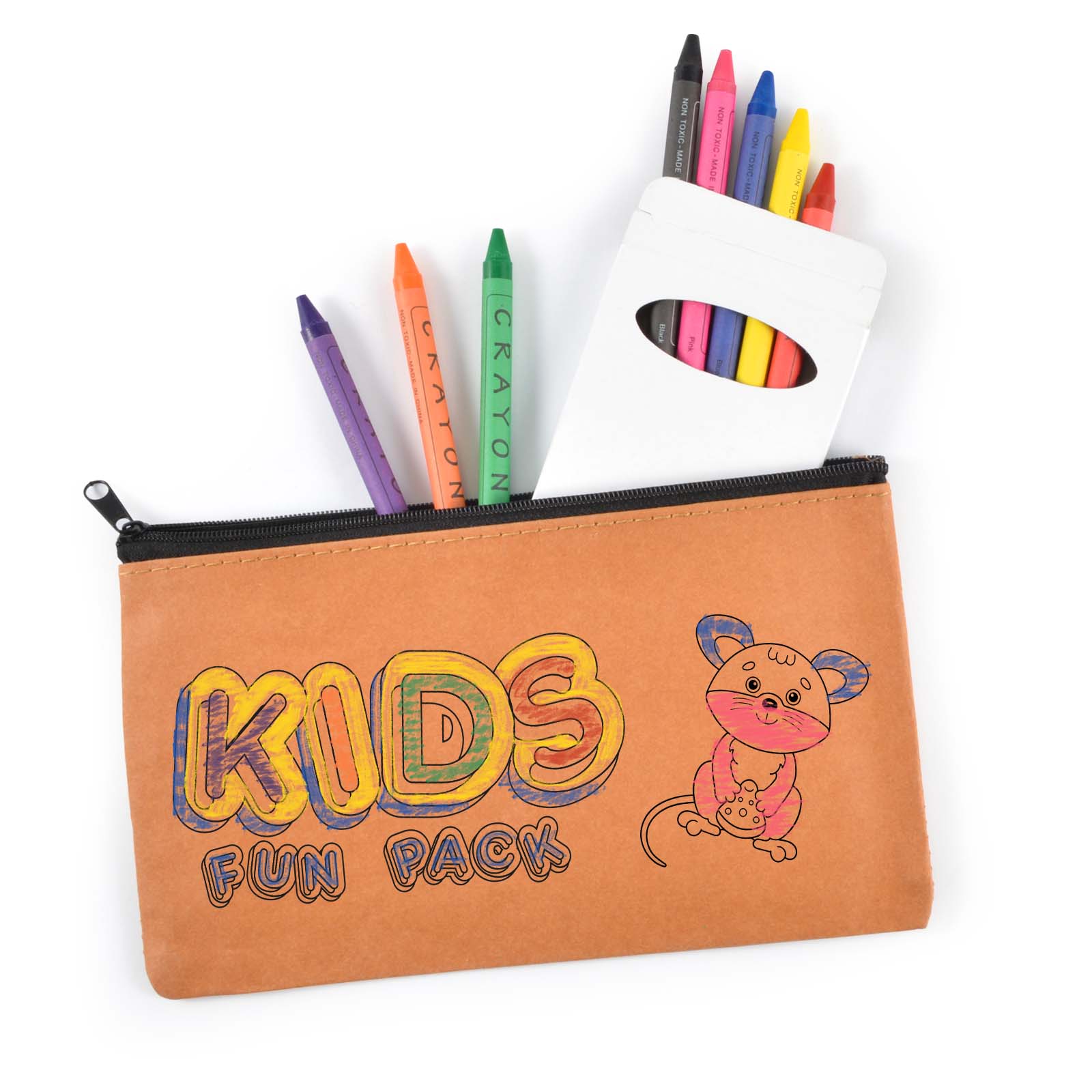 Custom Printed Kids Fun Pencil Case Set CALL5525 Branded Natural with Various Colours Crayons Open Front View