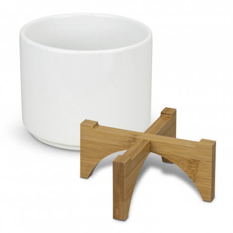 Planter with Bamboo Base CA120901 Unbranded Front View White Natural Components