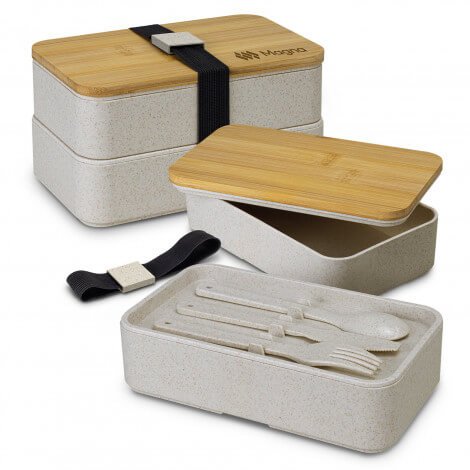 Stackable Lunch Box CA121718 Branded Unbranded Front View with Utensils Natural
