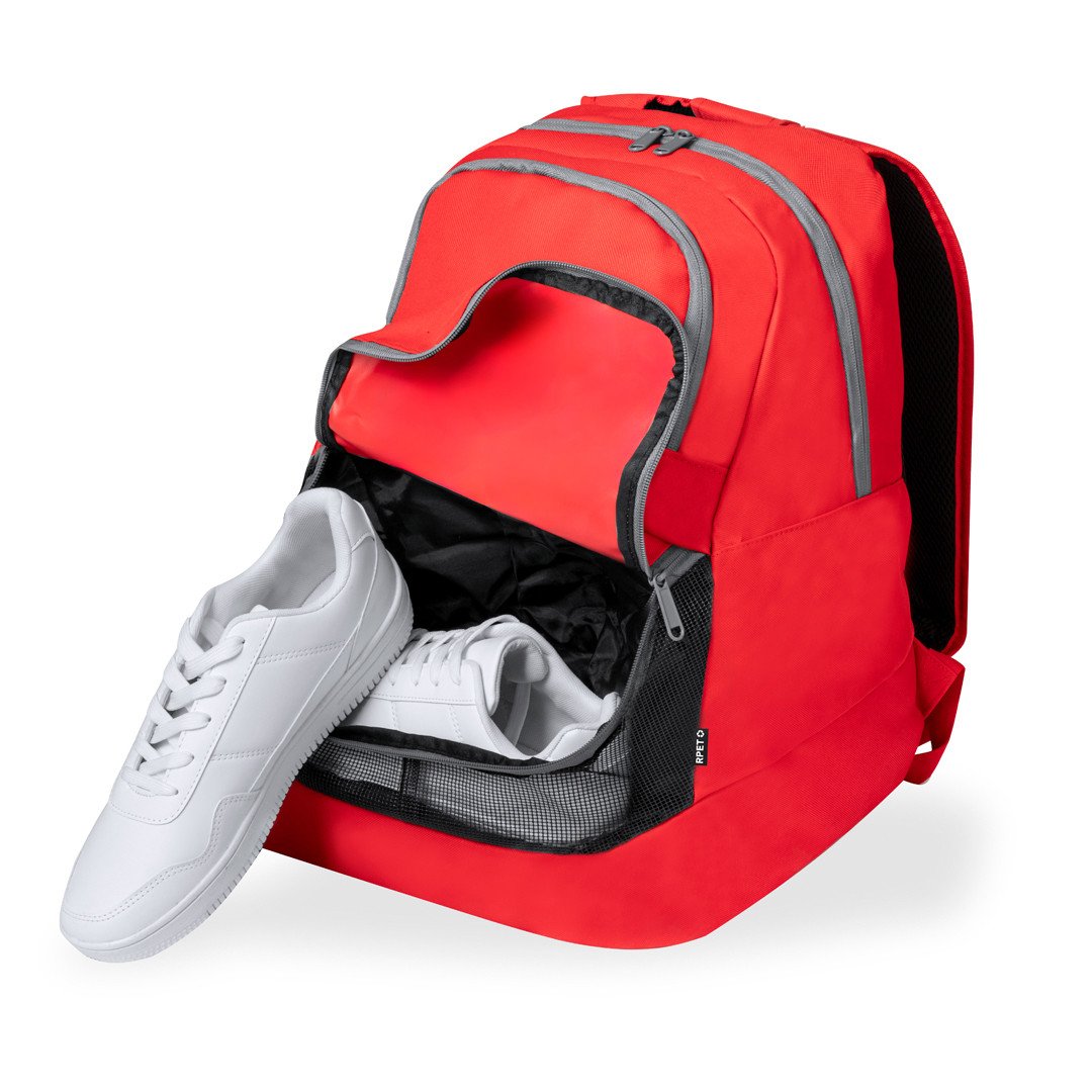 RPET Backpack With Shoe Compartment CAM20453 Unbranded Red Front View With Shoes in Compartment RPET Backpack With Shoe Compartment CAM20453 Unbranded Red Front View With Shoes in Compartment