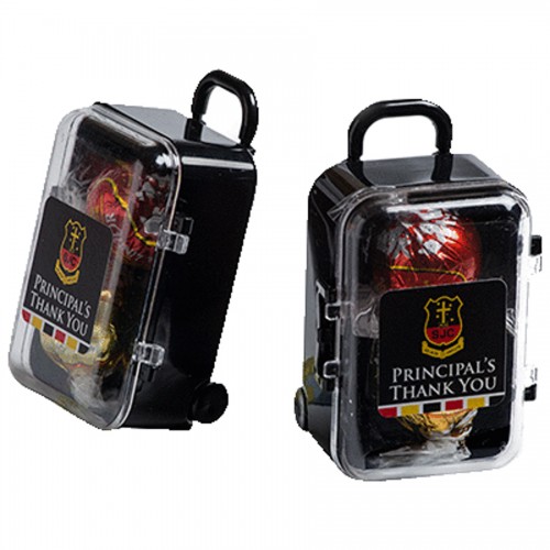 Acrylic Carry On Suitcase Container With Lindt Balls 2 Balls Branded Front View Acrylic Carry On Suitcase Container With Lindt Balls 2 Balls Branded Front View