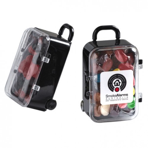 Acrylic Carry On Suitcase Container With Mini Jelly Beans 50g CACC070A Branded Front View Acrylic Carry On Suitcase Container With Mini Jelly Beans 50g CACC070A Branded Front View