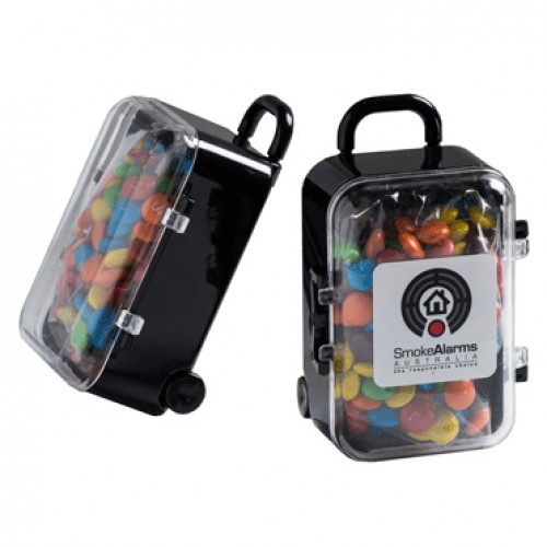 Acrylic Carry On Suitcase Container With Mini M&M's 50g CACC070D Branded Front View Acrylic Carry On Suitcase Container With Mini M&M's 50g CACC070D Branded Front View