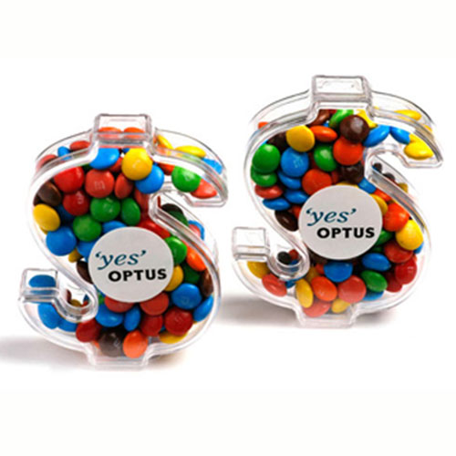 Acrylic Dollar Container With Mini M&M's 40g CACC029D Branded Front View Acrylic Dollar Container With Mini M&M's 40g CACC029D Branded Front View
