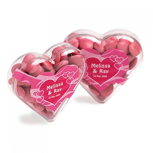 Acrylic Heart Container With Choc Beans 50g CACC030B Branded Front View Acrylic Heart Container With Choc Beans 50g CACC030B Branded Front View