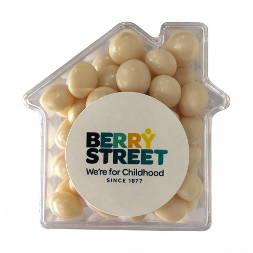Acrylic House Container With Chewy Mints 50g CACC085C Branded Front View Acrylic House Container With Chewy Mints 50g CACC085C Branded Front View