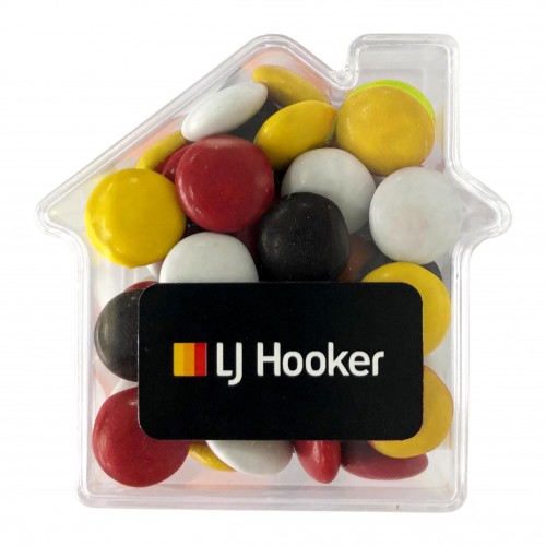 Acrylic House Container With Choc Beans 50g CACC085B Branded Front View Acrylic House Container With Choc Beans 50g CACC085B Branded Front View